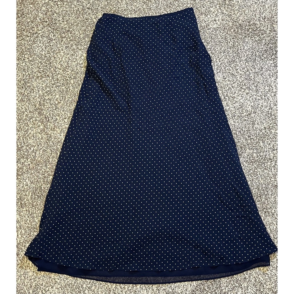 Vintage J.G. Hook 100% Silk Skirt Womens‎ Size 6 Navy Blue Polka Dot Midi A Line